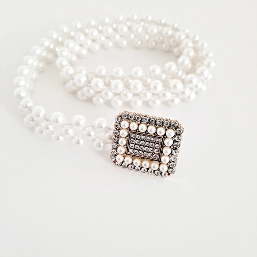 Faux‎ white pearl beaded square buckle elegant elastic stretch waist belt
